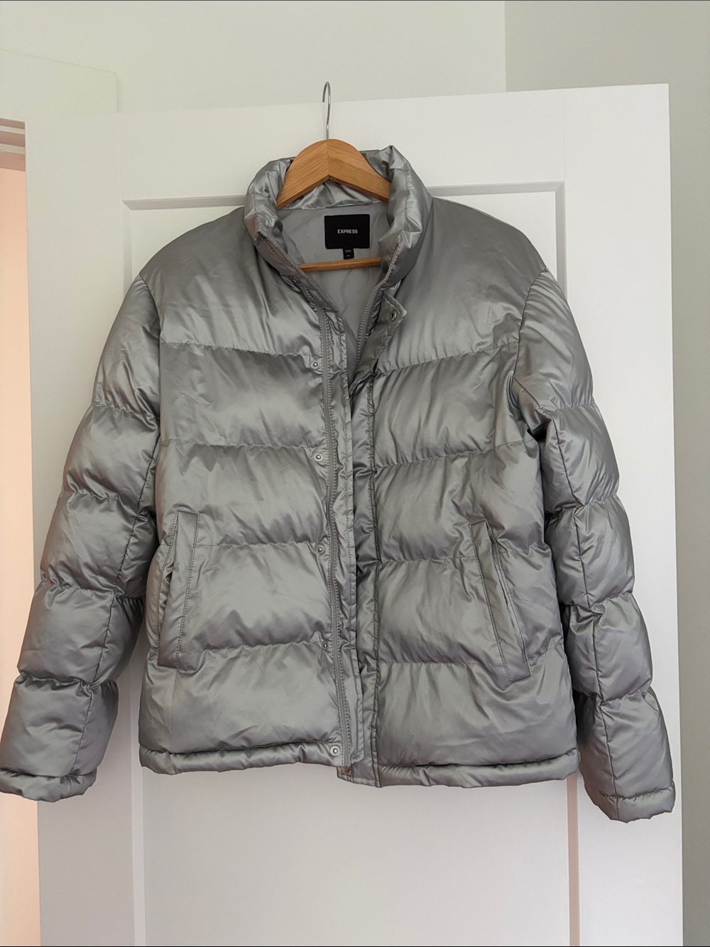 Express Metallic Silver Puffer Jacket - Women's Quilted Coat